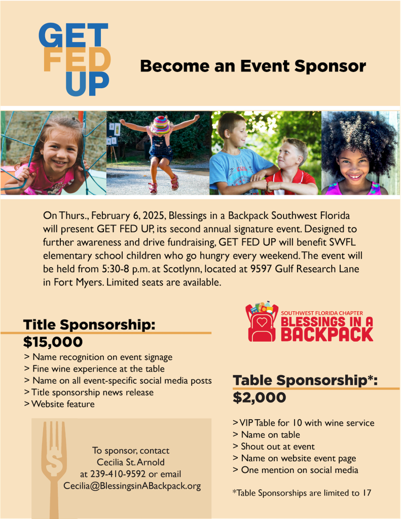 Become a sponsor of GET FED UP 2025, children playing, Title sponsorship at $15K, table sponsorship at $2K